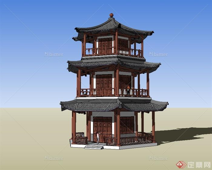古典中式风格观景塔楼建筑设计su模型[原创]