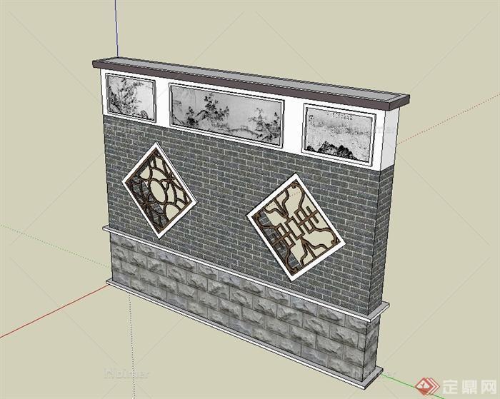 现代中式风格砖砌镂空景墙设计su模型[原创]