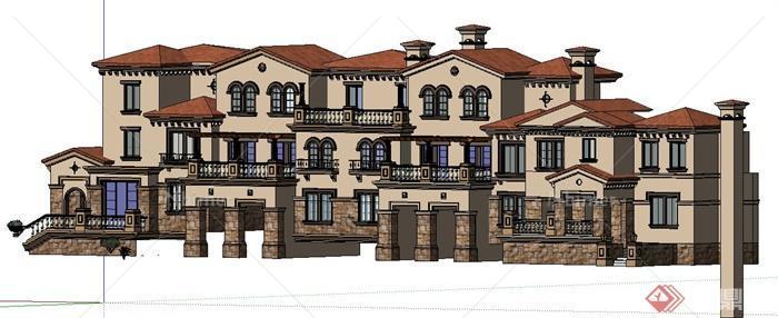 西班牙风格拼接别墅建筑设计su模型