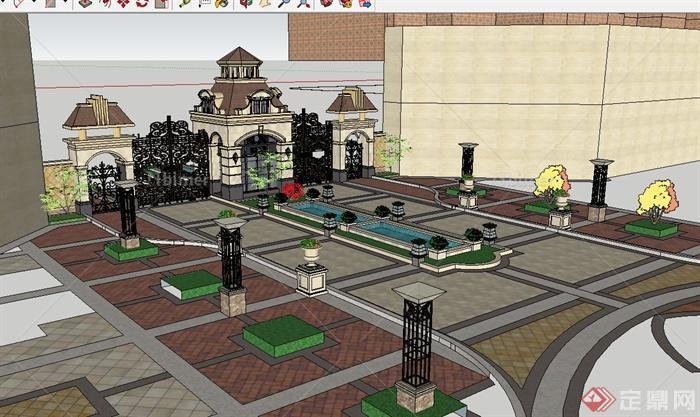 某欧式风格完整详细的小区大门设计su模型[原创]