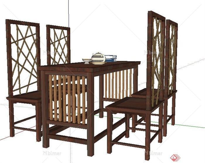 现代中式木制长餐桌椅su模型