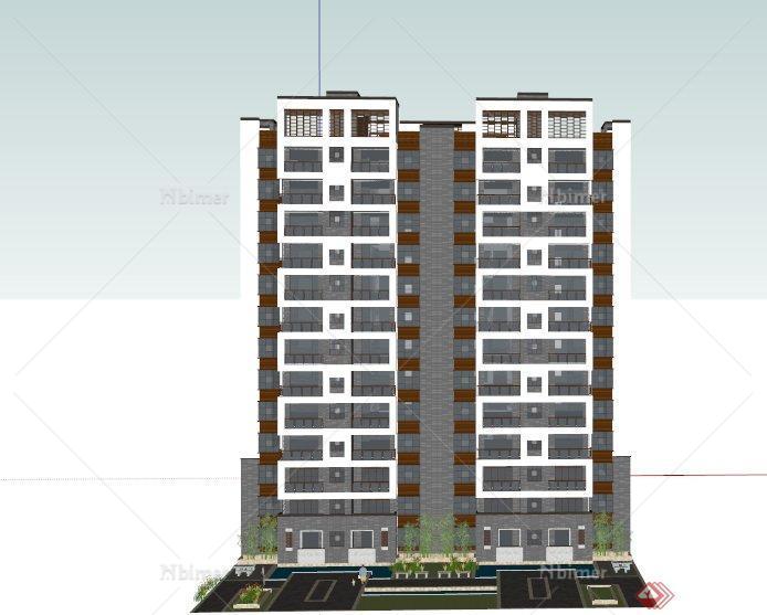 某现代13层小区住宅建筑设计SU模型