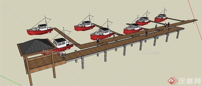 现代风格码头木栈道凉亭组合su模型