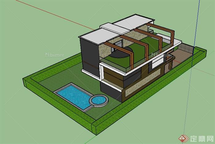 某现代风格住宅别墅带游泳池、庭院建筑设计SU模