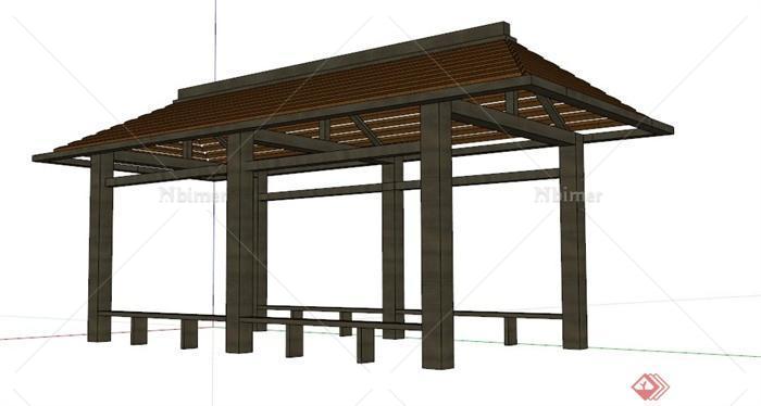 现代新中式木制长廊架设计su模型