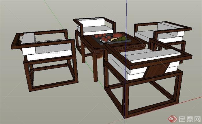 中式风格茶桌椅su模型