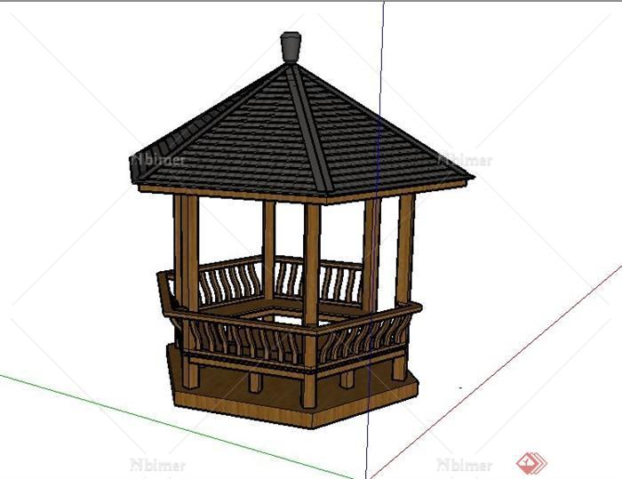 某古典中式木制六角亭设计SU模型