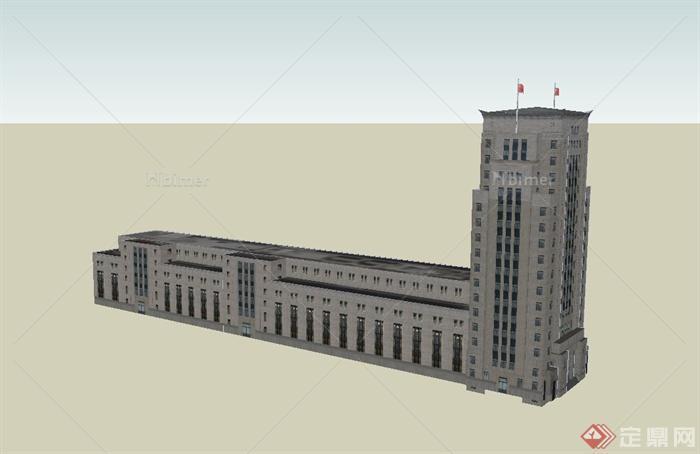 某中式风格L形银行建筑设计SU模型
