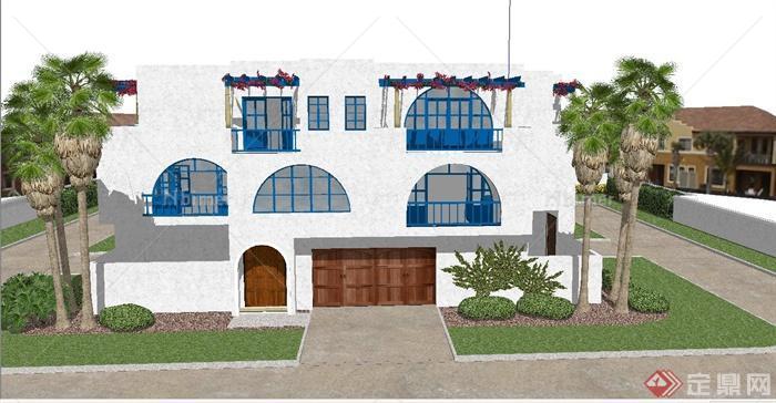 西班牙风格正方形三层别墅建筑SketchUp模型[原创