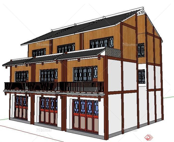 中式风格沿街三层商铺建筑设计su模型