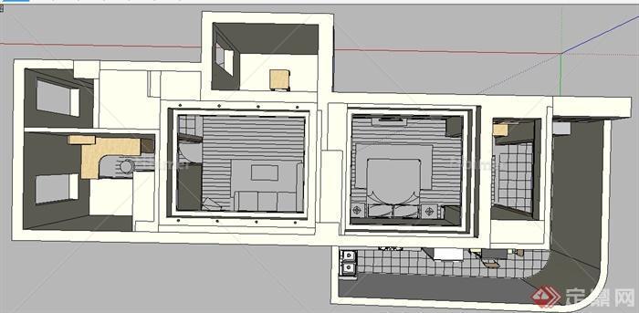 某两室两厅现代风格室内空间设计SU模型[原创]