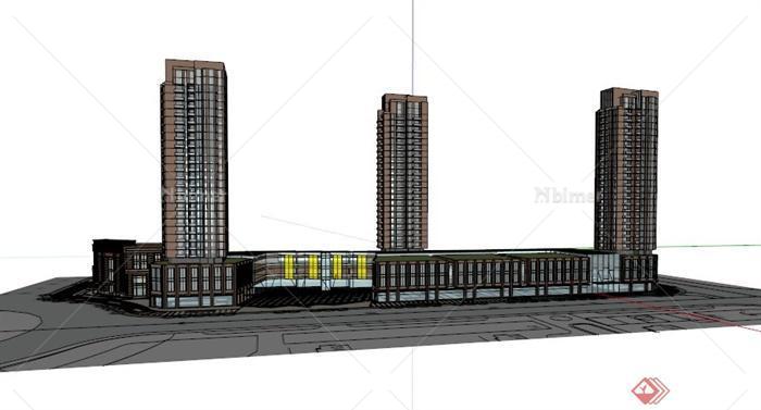 某现代三栋高层办公建筑设计SU模型