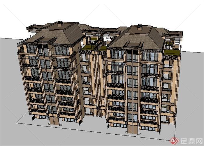 新古典风格7层花园洋房住宅楼建筑设计su模型[原