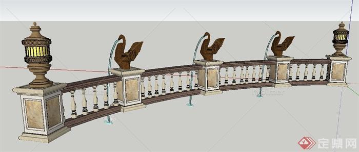 欧式风格雕塑喷水栏杆su模型