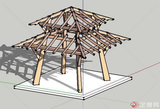 现代风格木材质重檐景观亭设计SU模型