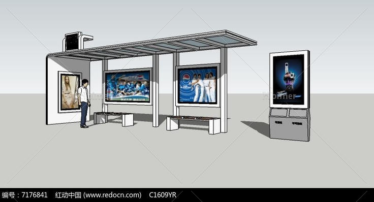 现代简约浅色一体化公交车候车亭SU模型