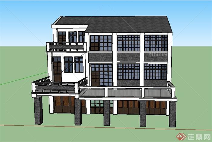 某古现代结合中式三层住宅建筑设计SU模型