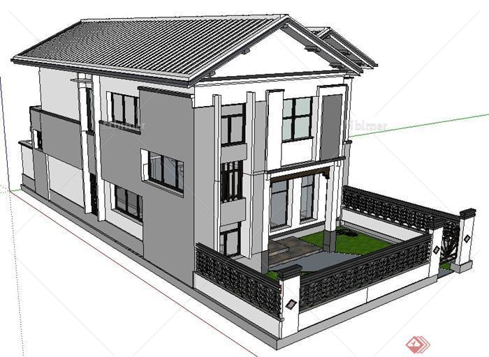 现代中式风格双层别墅建筑设计su模型