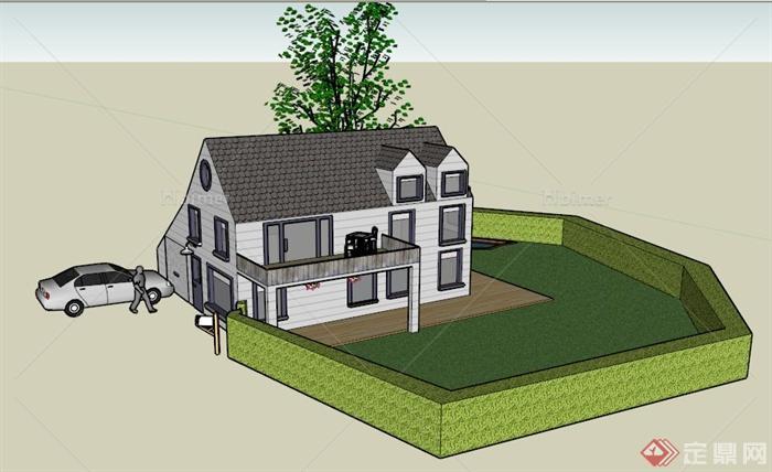 欧式某两层庭院住宅建筑景观设计SU模型