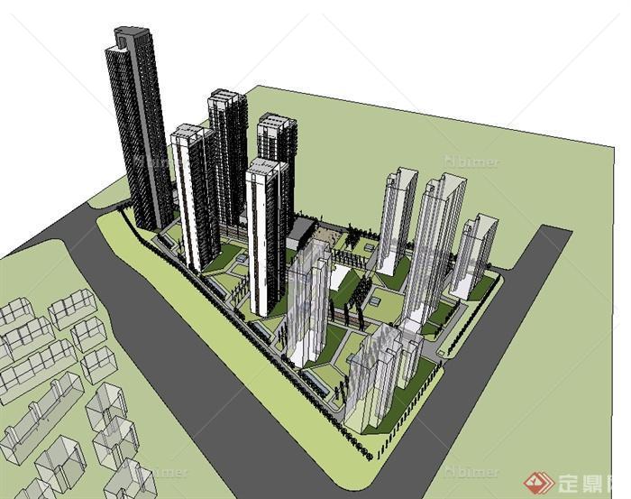 现代风格高层住宅小区整体规划设计su模型[原创]