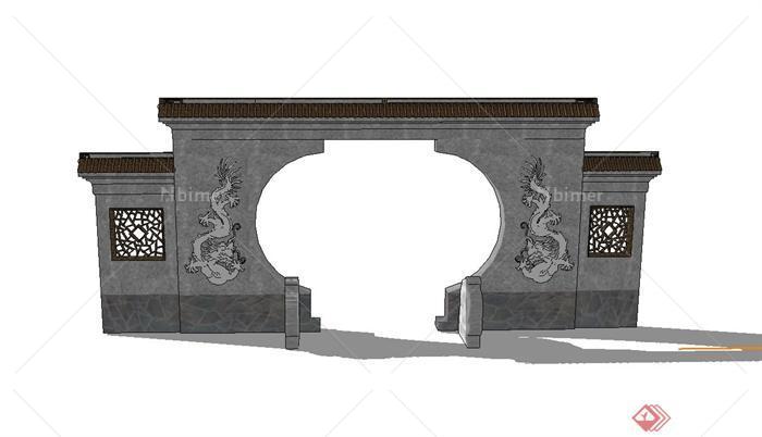 某庭院中式景墙门设计su模型