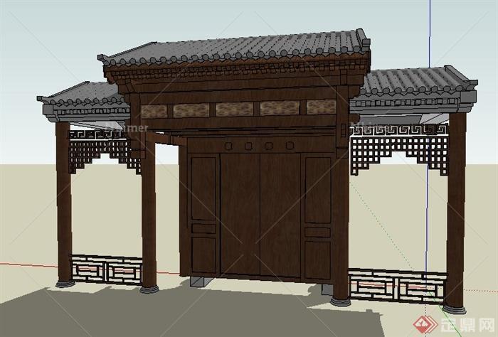 中式风格古建筑木制大门设计su模型