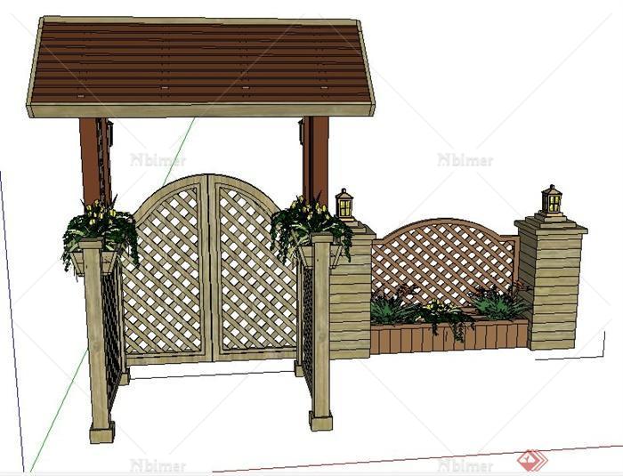 中式风格花园门及围墙组合su模型