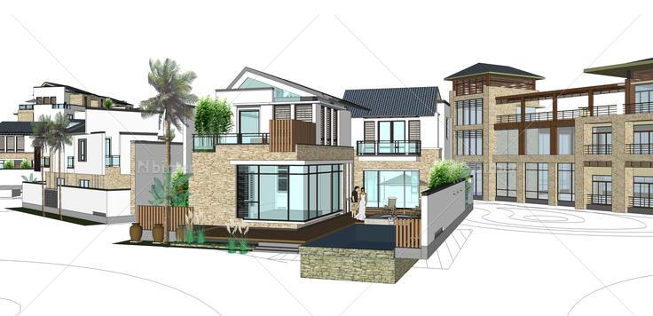 新中式风格独栋别墅住宅区sketchup模型