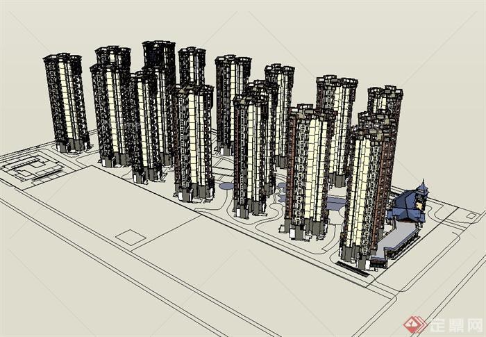 新古典飞风格高层小区居住建筑楼设计SU模型[原创