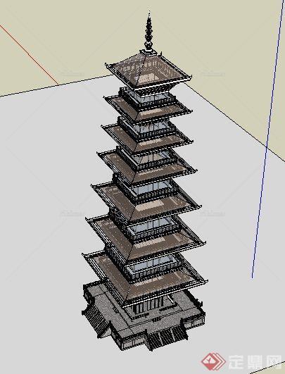 现代中式五象塔四角建筑设计su模型[原创]