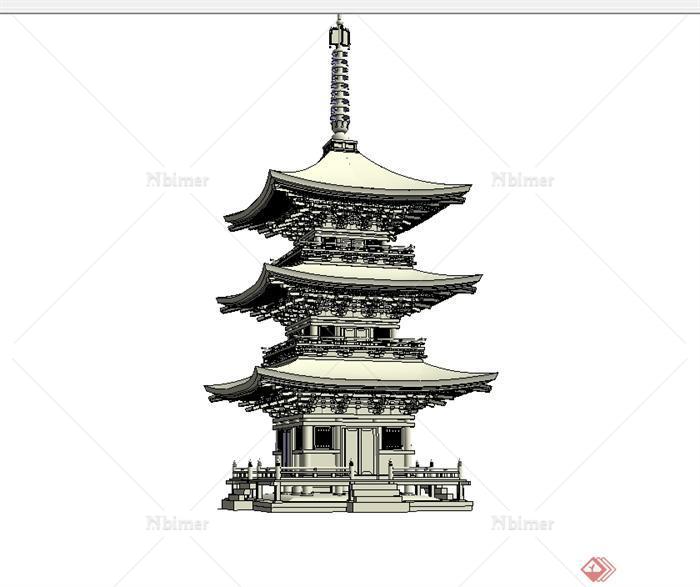 中国古典中式风格三层塔楼建筑设计su模型[原创]