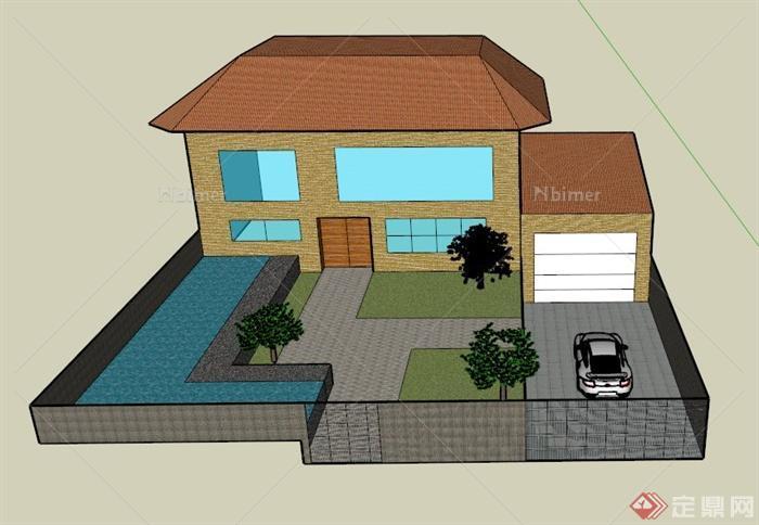 欧式某两层精致住宅建筑景观设SU模型