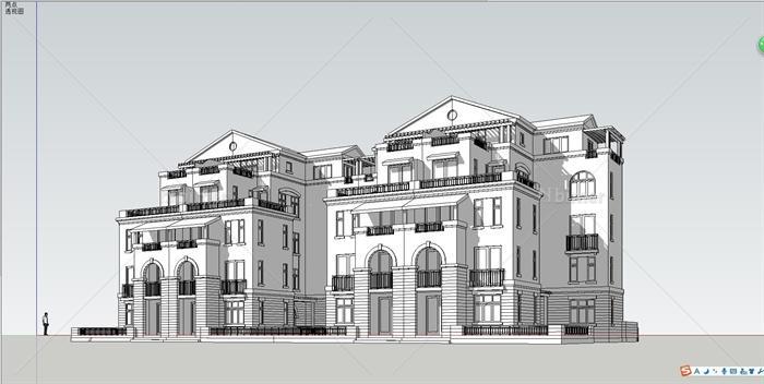 某欧式风格联排一梯两户洋房住宅楼建筑设计su模
