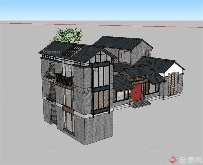 某现代中式风格农村四合院住宅建筑su模型[原创]