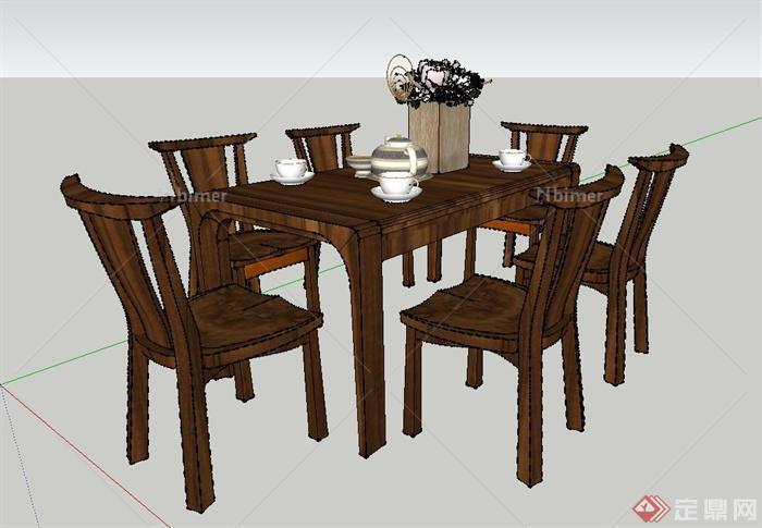 某室内木质原木色六人餐桌椅设计SU模型