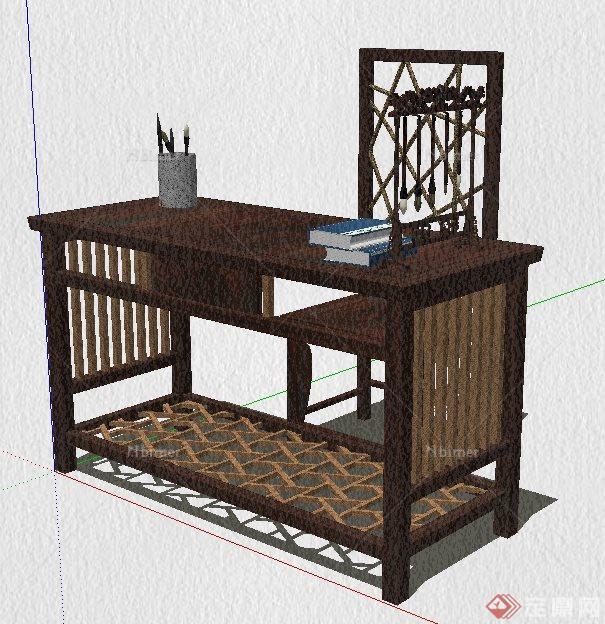 中式木质书桌椅组合su模型[原创]