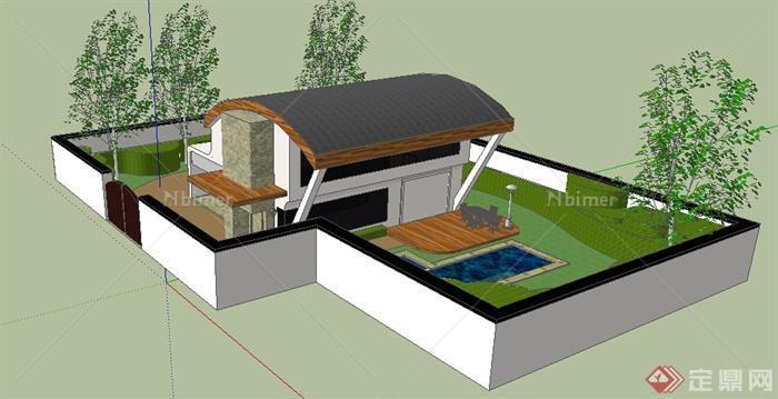 现代风格两层带小庭院住宅建筑设计su模型