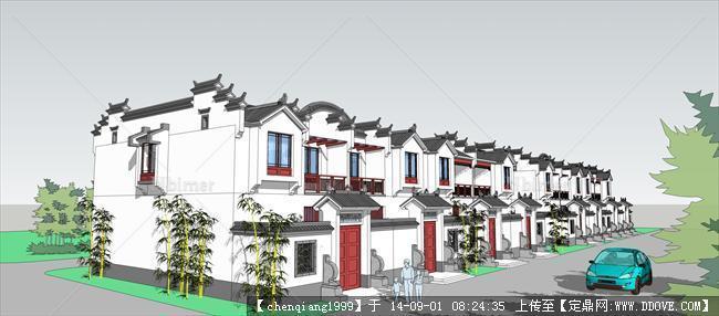 精细中式别墅联排建筑设计方案su模型