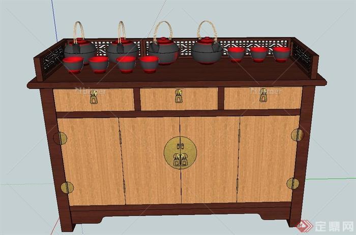 古典中式长方形茶柜设计SU模型