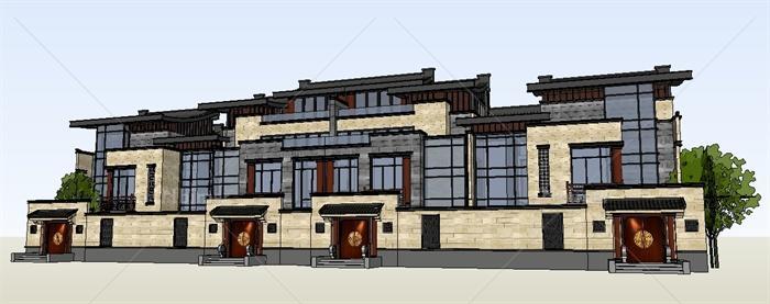 新中式三层豪华联排别墅建筑精细设计su模型[原创