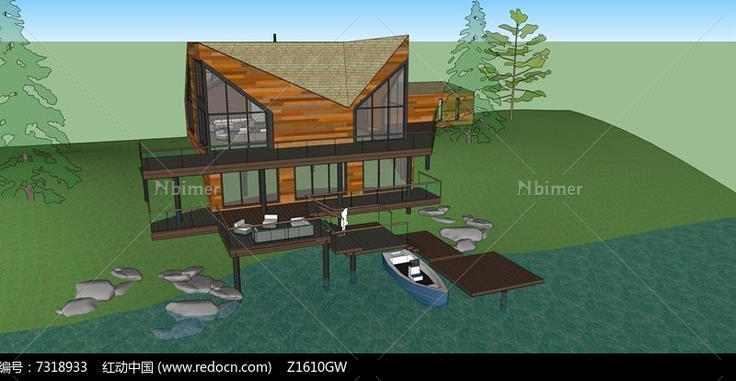 现代木结构的湖边房子SU模型