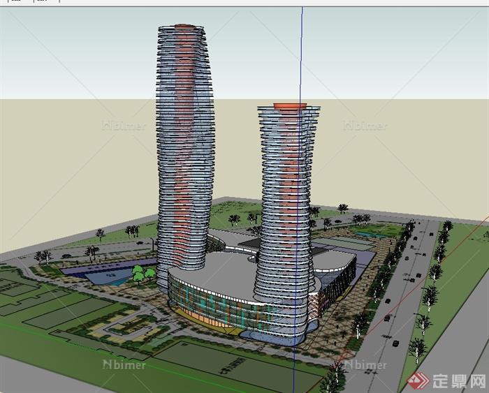 现代超高层商业办公楼综合体建筑楼设计su模型[原