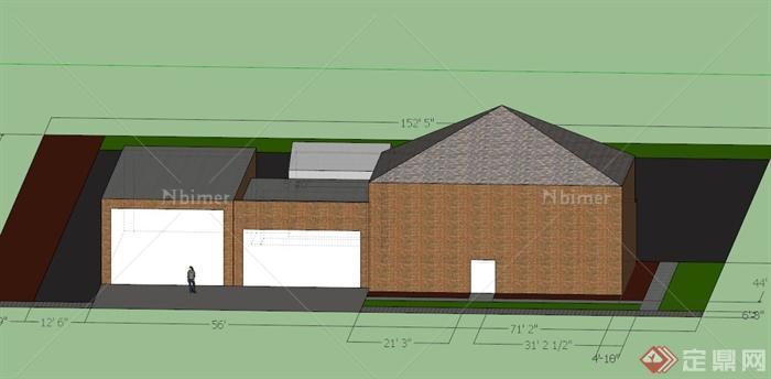 某现代农村带仓库住宅建筑设计SU模型