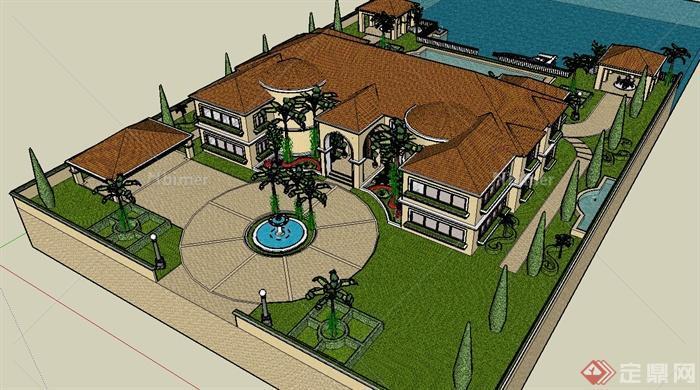 某欧式别墅楼前楼后庭院花园景观设计su模型（含