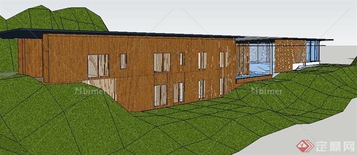 现代山地竹屋住宅建筑设计su模型（含CAD、PPT）