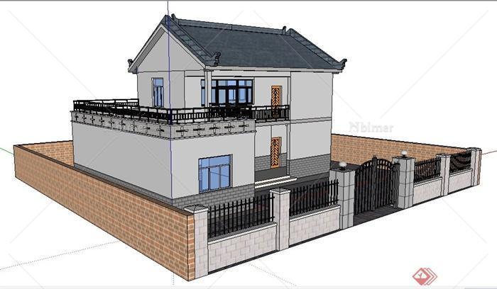 中式风格二层庭院民居住宅建筑设计su模型