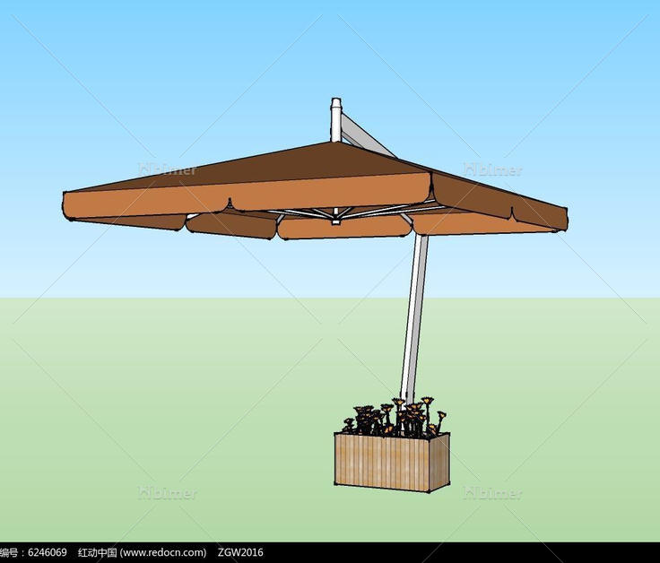带花坛金属方形遮阳伞su模型