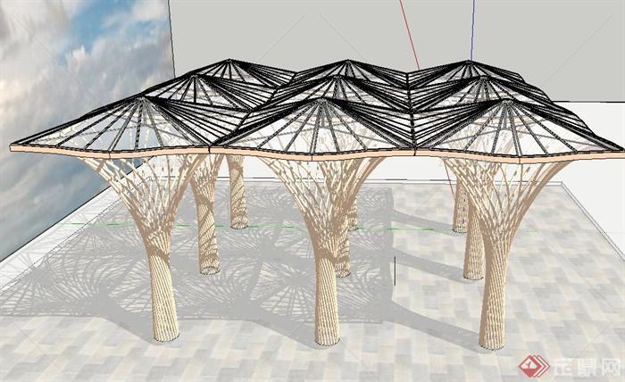 多个伞形组合廊架设计SU模型