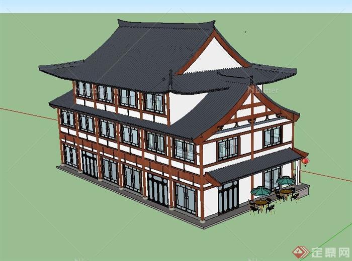某古典中式三层饭店建筑设计SU模型