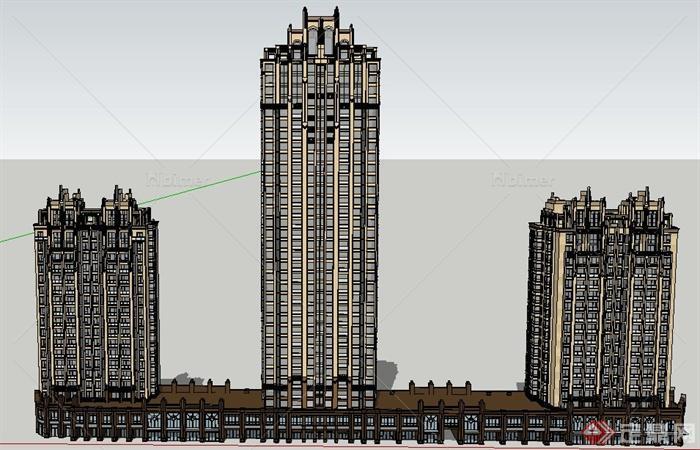 三联栋新古典风格高层商住建筑设计su模型